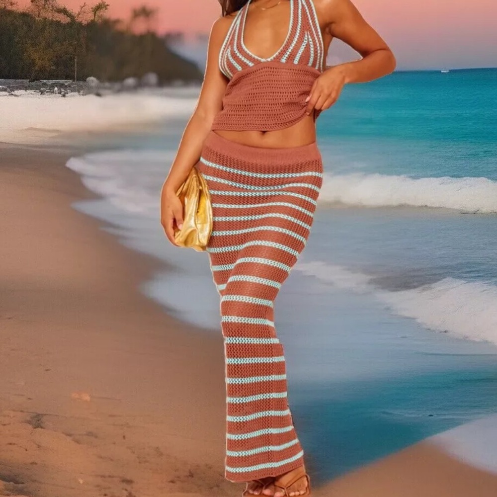 PrettyLittleThing 2-Pc Mocha/Teal Stripe Crochet Knit Maxi Skirt & Halter Top